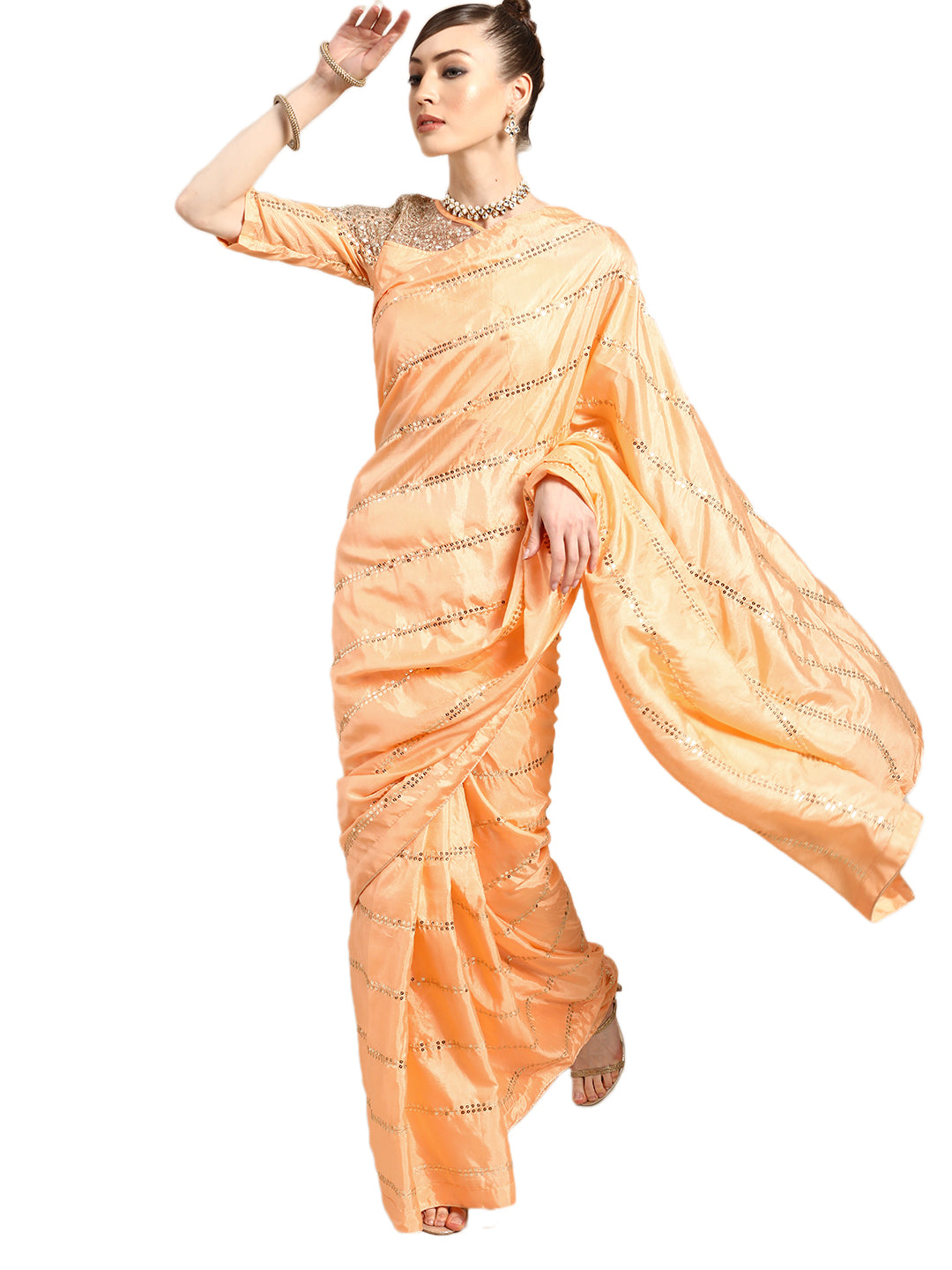 Art Silk Embellished With Sequins Peach Saree