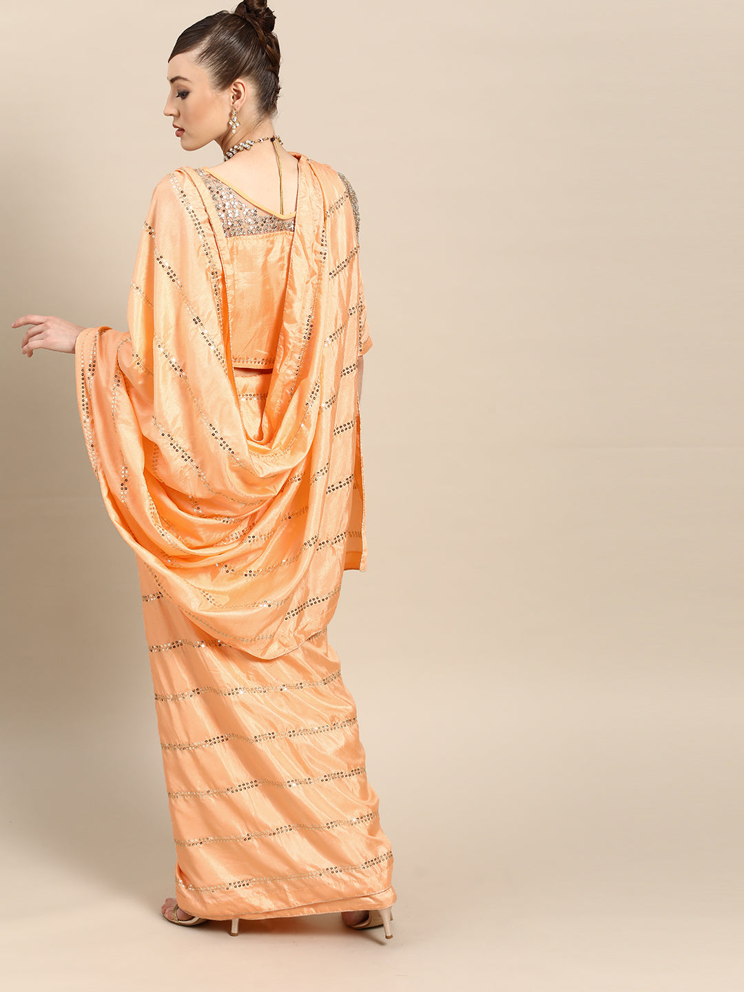 Art Silk Embellished With Sequins Peach Saree