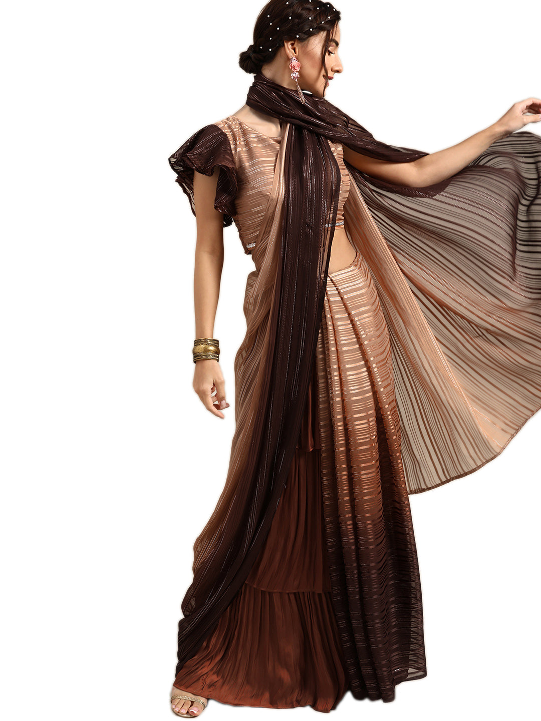 Polyester Striped Brown Saree