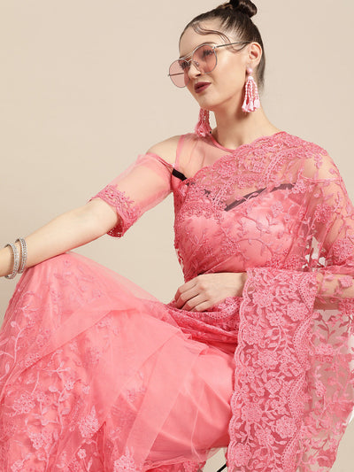 Net Solid & Embroidered Pink Saree