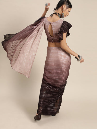 Polyester Striped Brown Saree