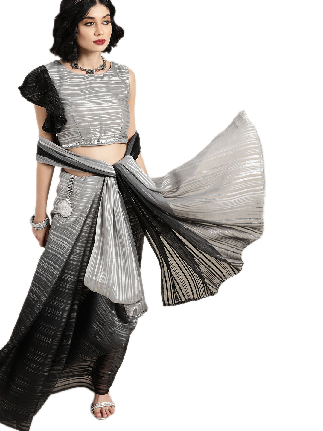 Polyester Striped Black Saree
