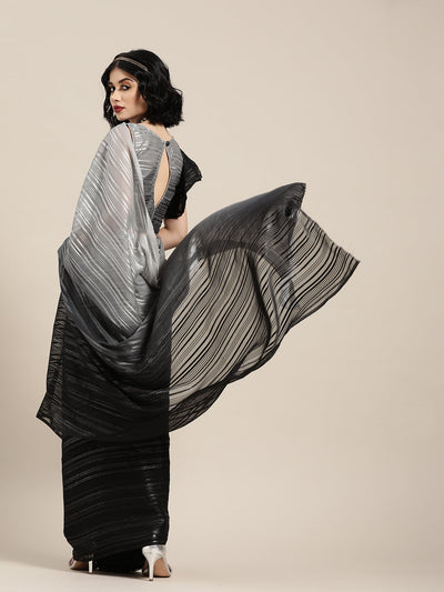 Polyester Striped Black Saree