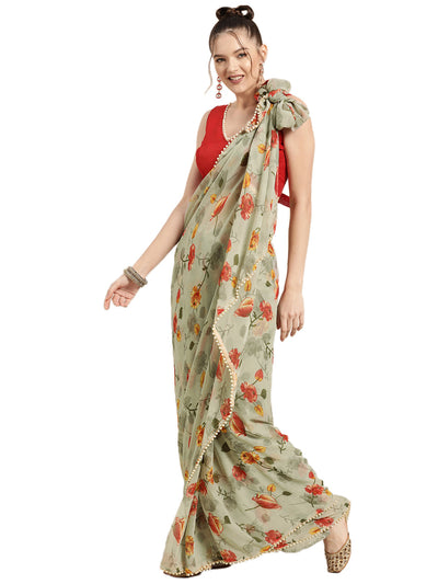 Poly Georgette Floral & Beads And Stones Green Saree
