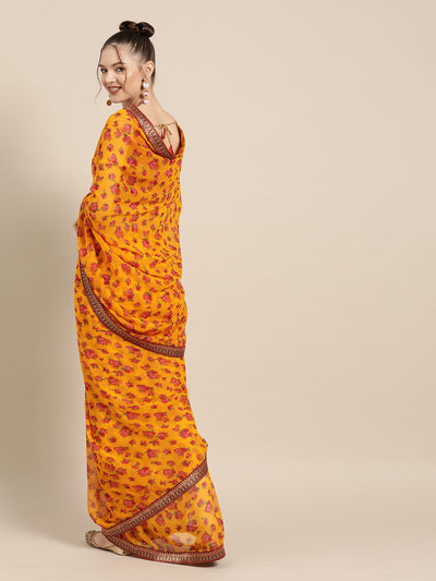 Poly Georgette Floral Yellow Saree