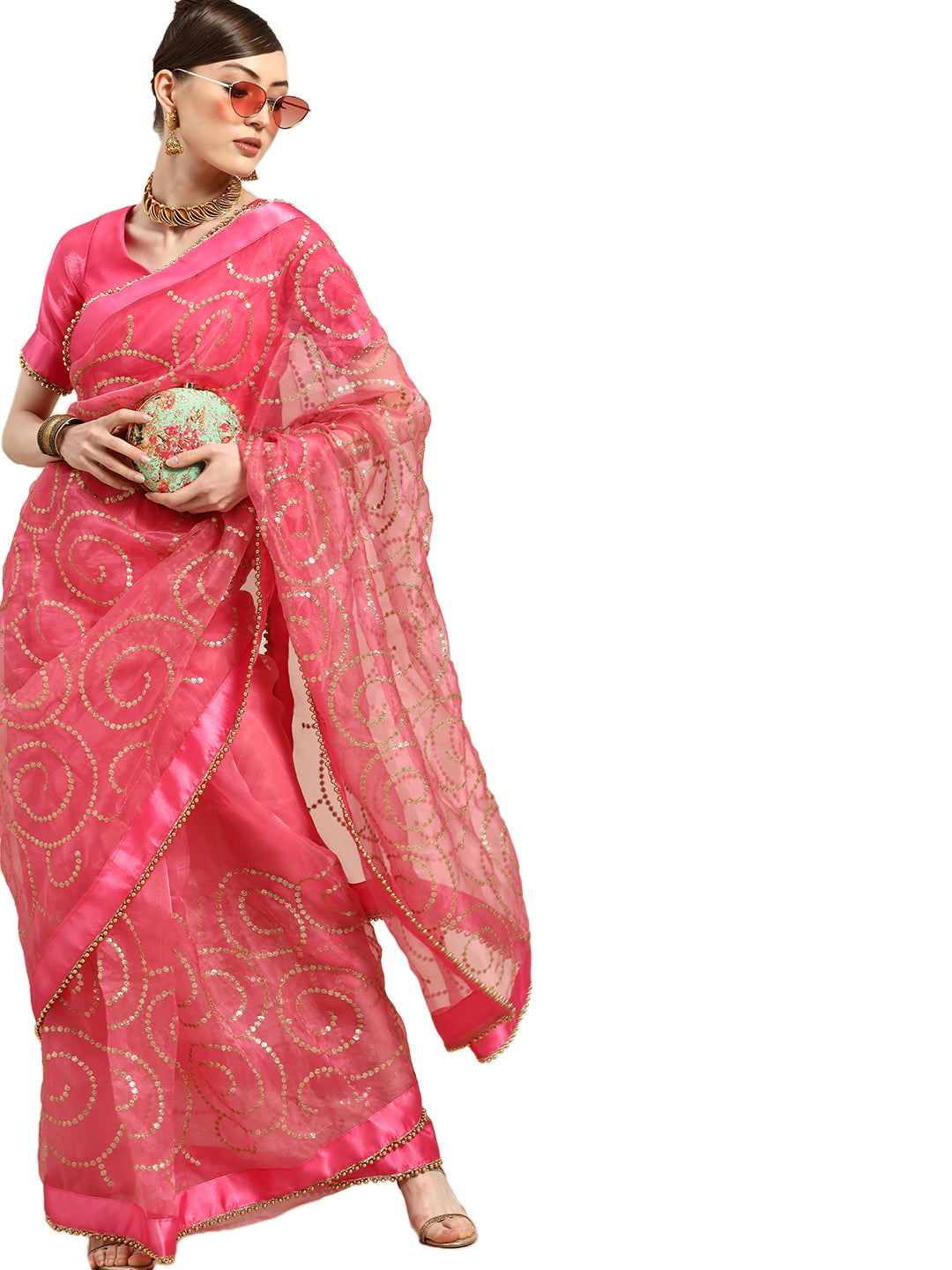 Organza Embellished With Sequins Pink Saree