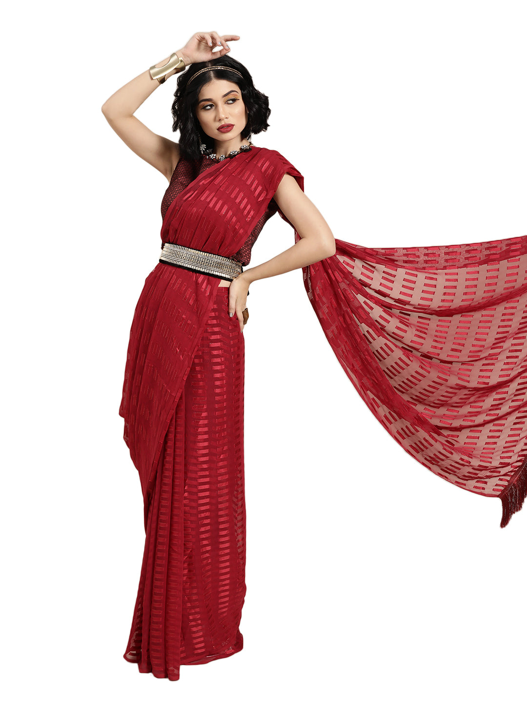 Polyester Geometic Red Saree