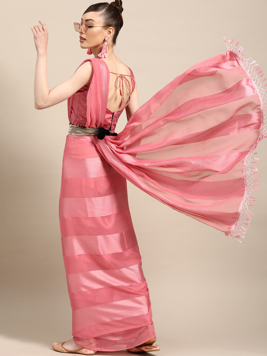 Polyester Striped Pink Saree