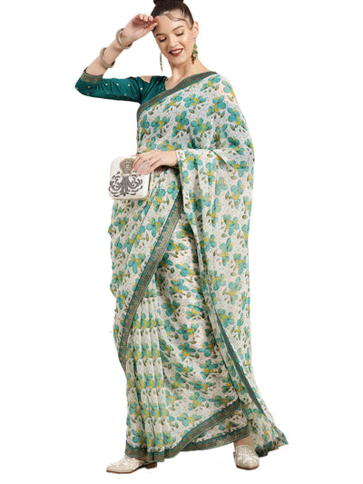 Poly Georgette Floral & Sequinned Green Saree
