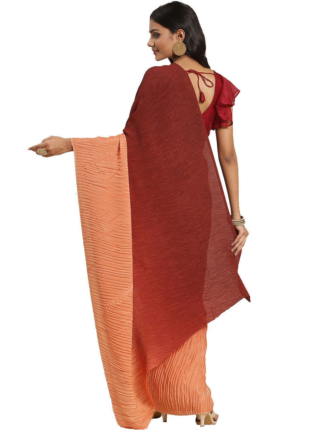 Brown Poly Crepe Plain Saree With Blouse
