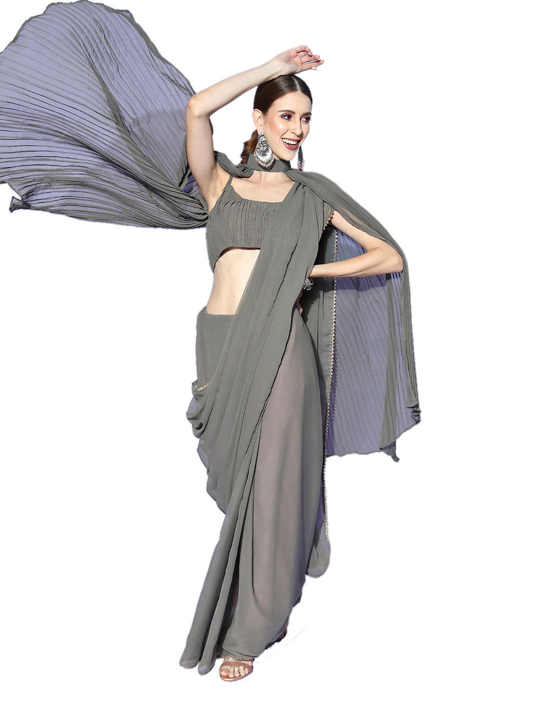 Grey Poly Georgette Plain Saree With Blouse