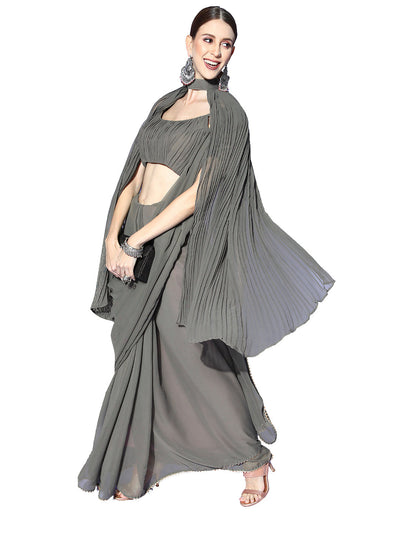 Grey Poly Georgette Plain Saree With Blouse
