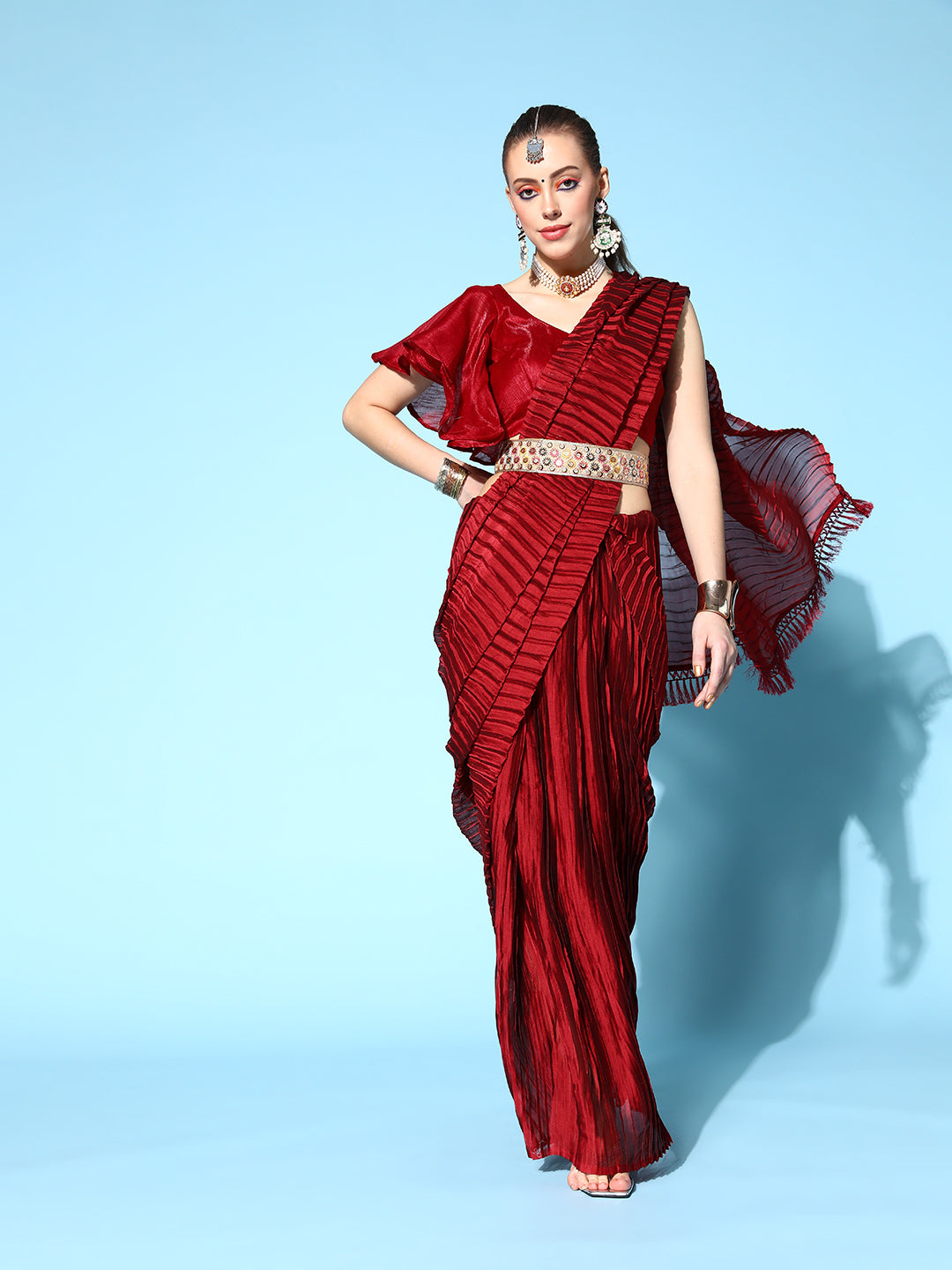 Maroon Polyester Plain Saree With Blouse