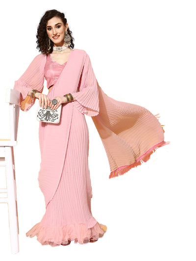 Pink Poly Georgette Plain Saree With Blouse