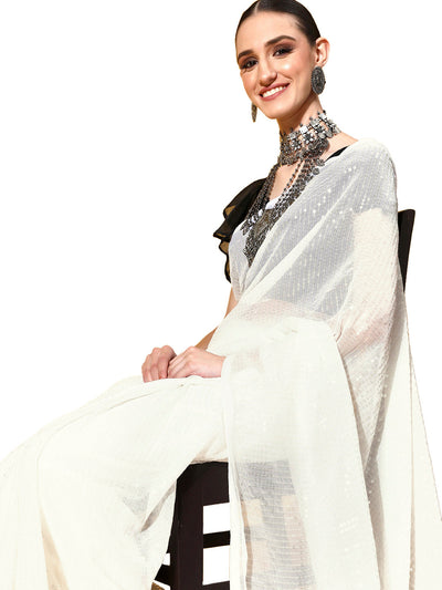 Off White Polyester Plain Saree With Blouse