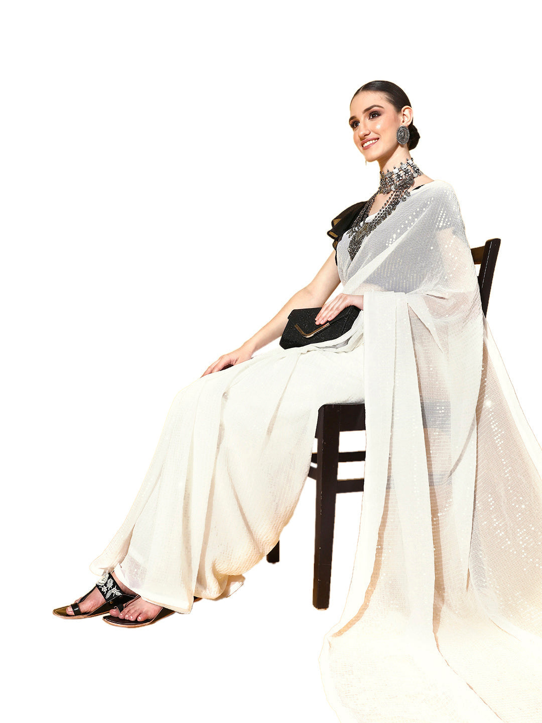 Off White Polyester Plain Saree With Blouse