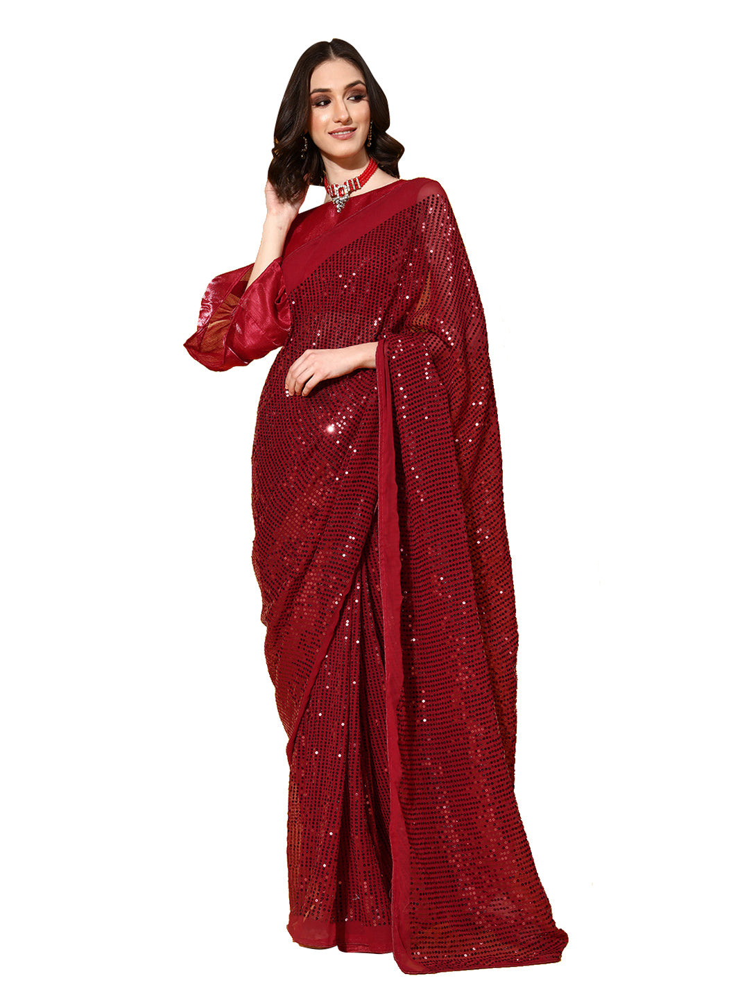 Red Poly Georgette Sequence Work Saree With Blouse