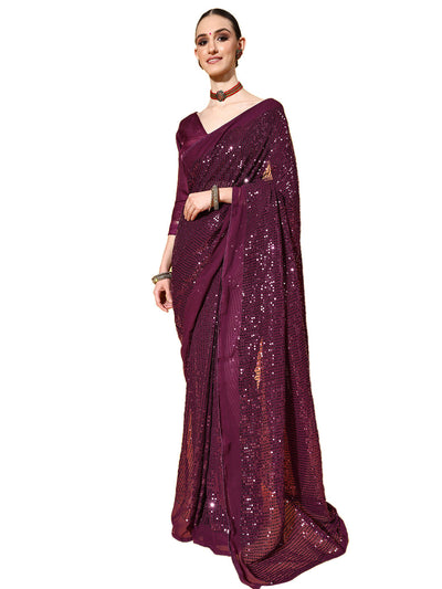 Wine Color Poly Georgette Sequence Work Saree With Blouse