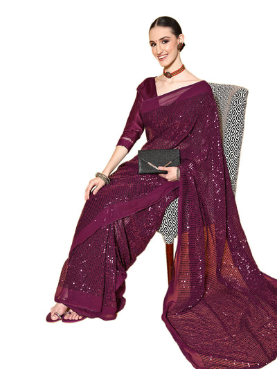Wine Color Poly Georgette Sequence Work Saree With Blouse