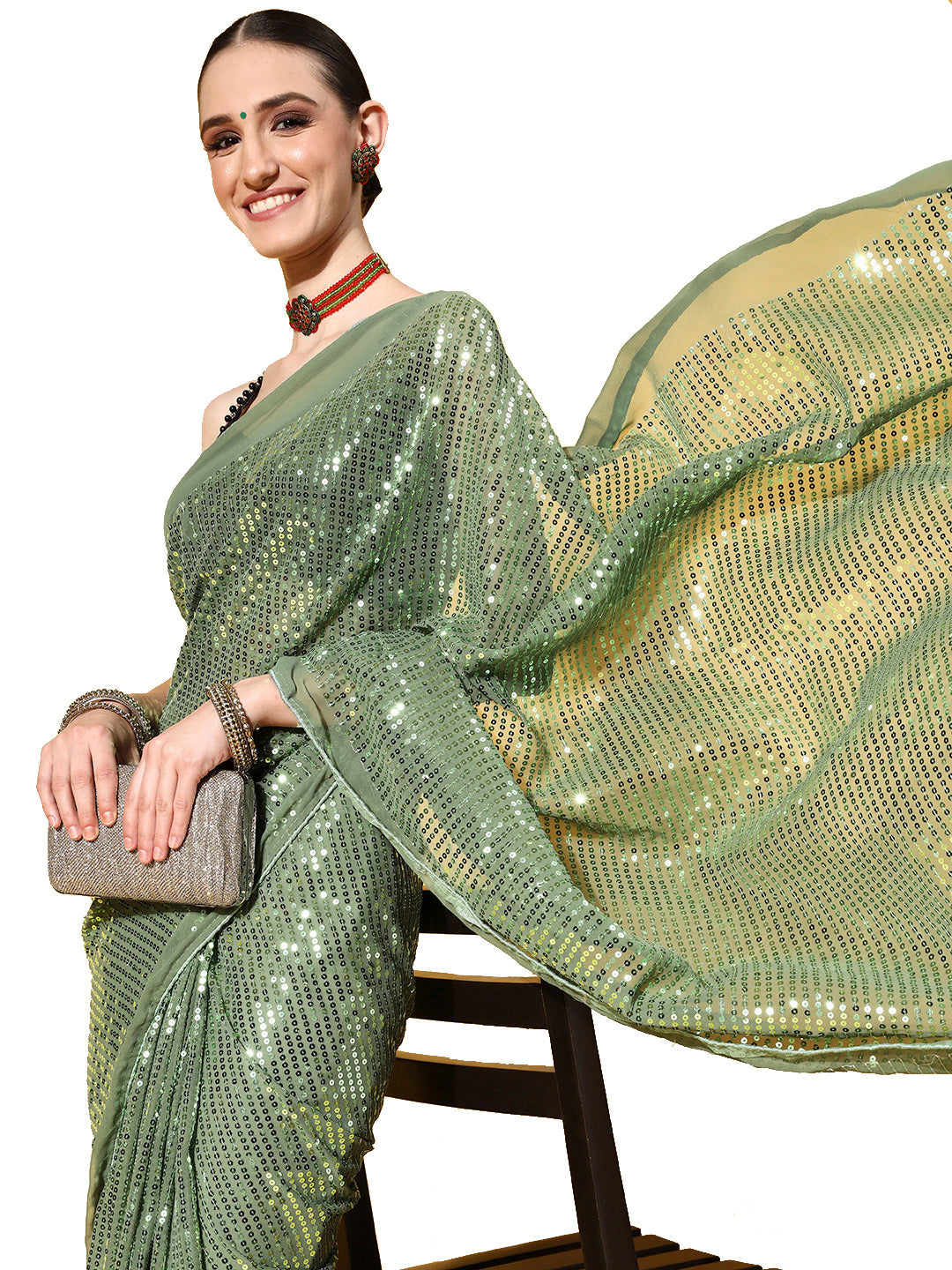 Green Poly Georgette Sequence Work Saree With Blouse
