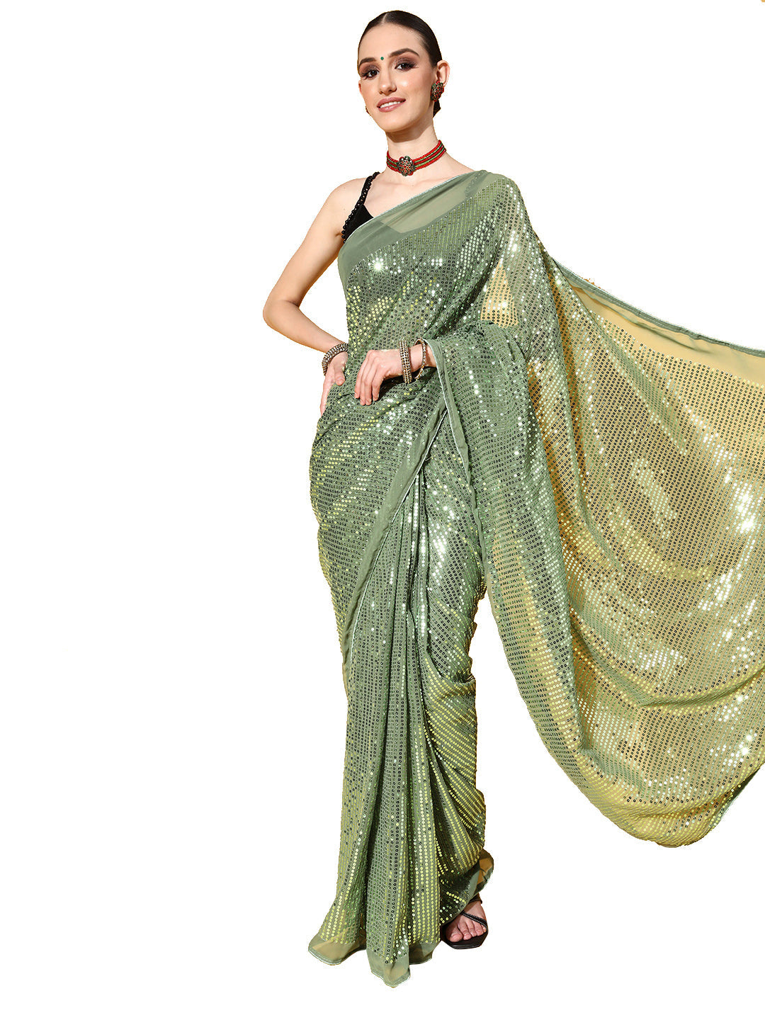 Green Poly Georgette Sequence Work Saree With Blouse
