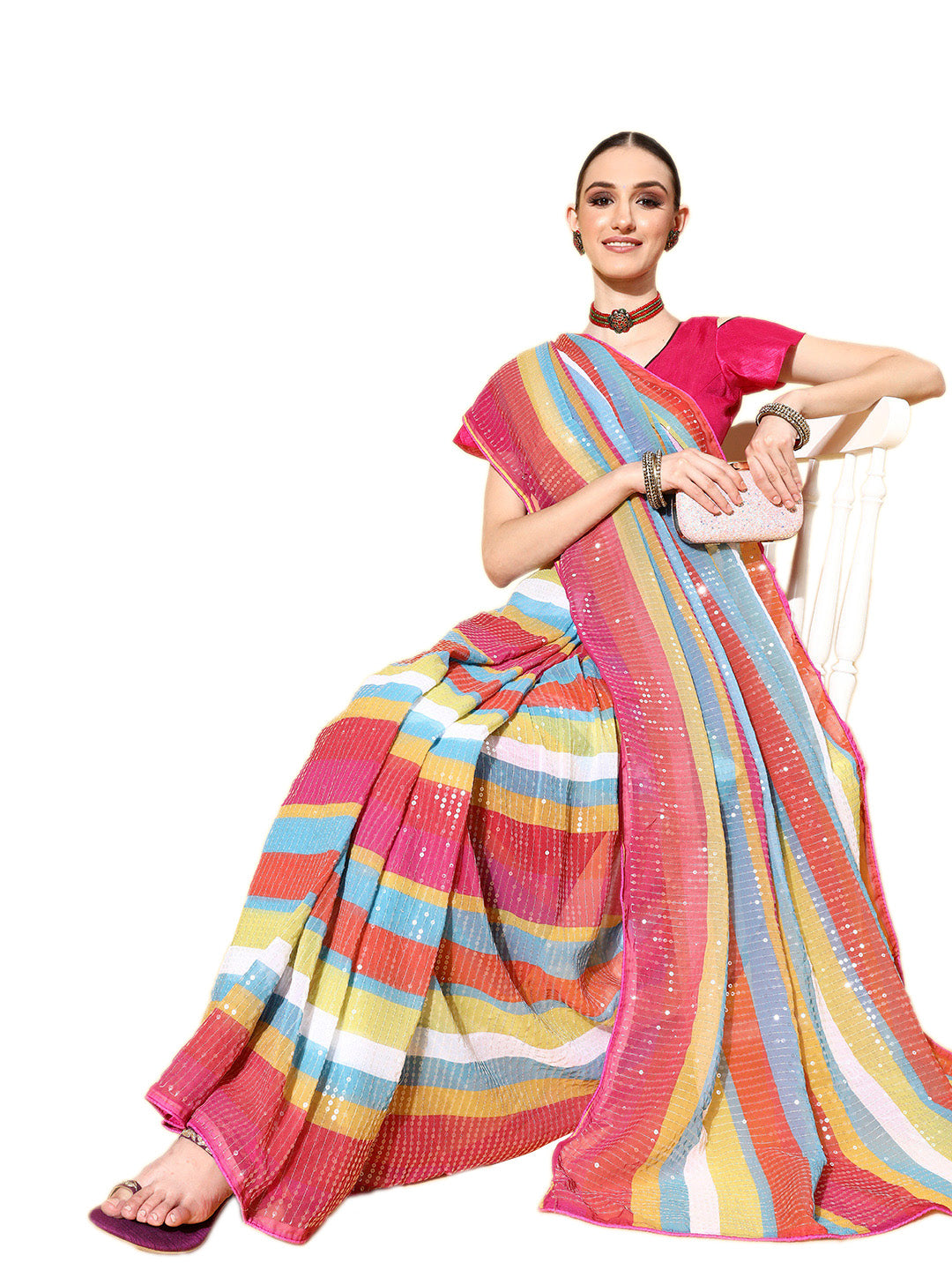 Multi Color Poly Georgette Sequence Work Saree With Blouse