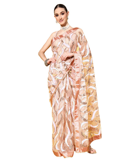 Beige Poly Georgette Printed Saree With Blouse