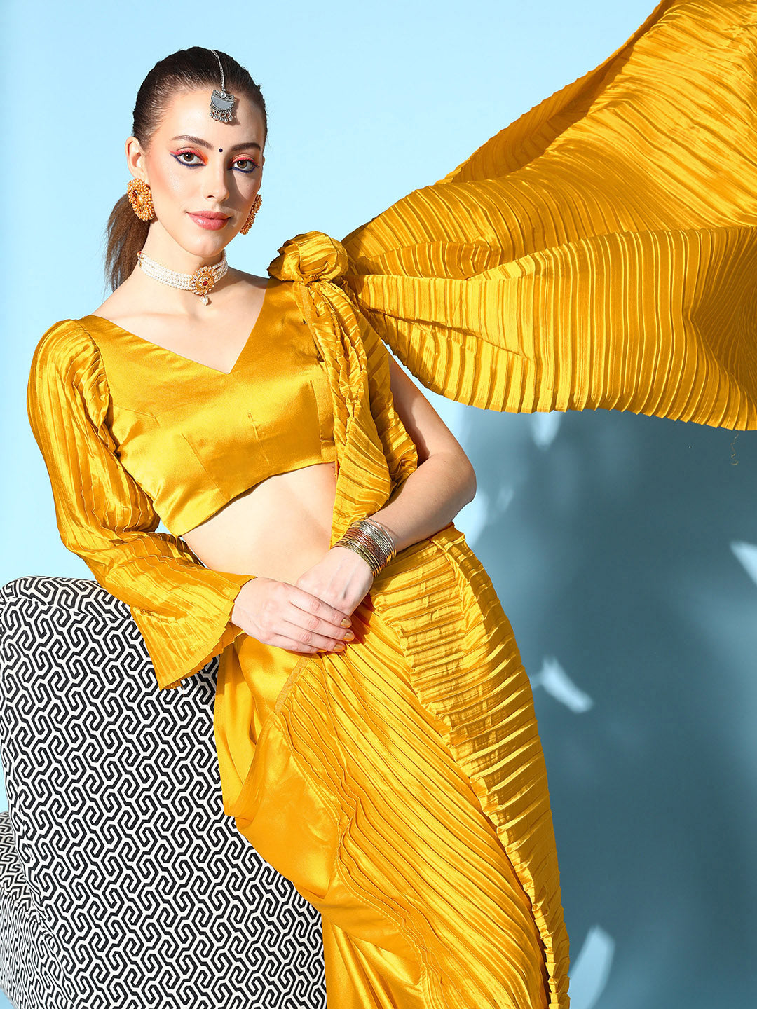 Yellow Net Plain Saree With Blouse