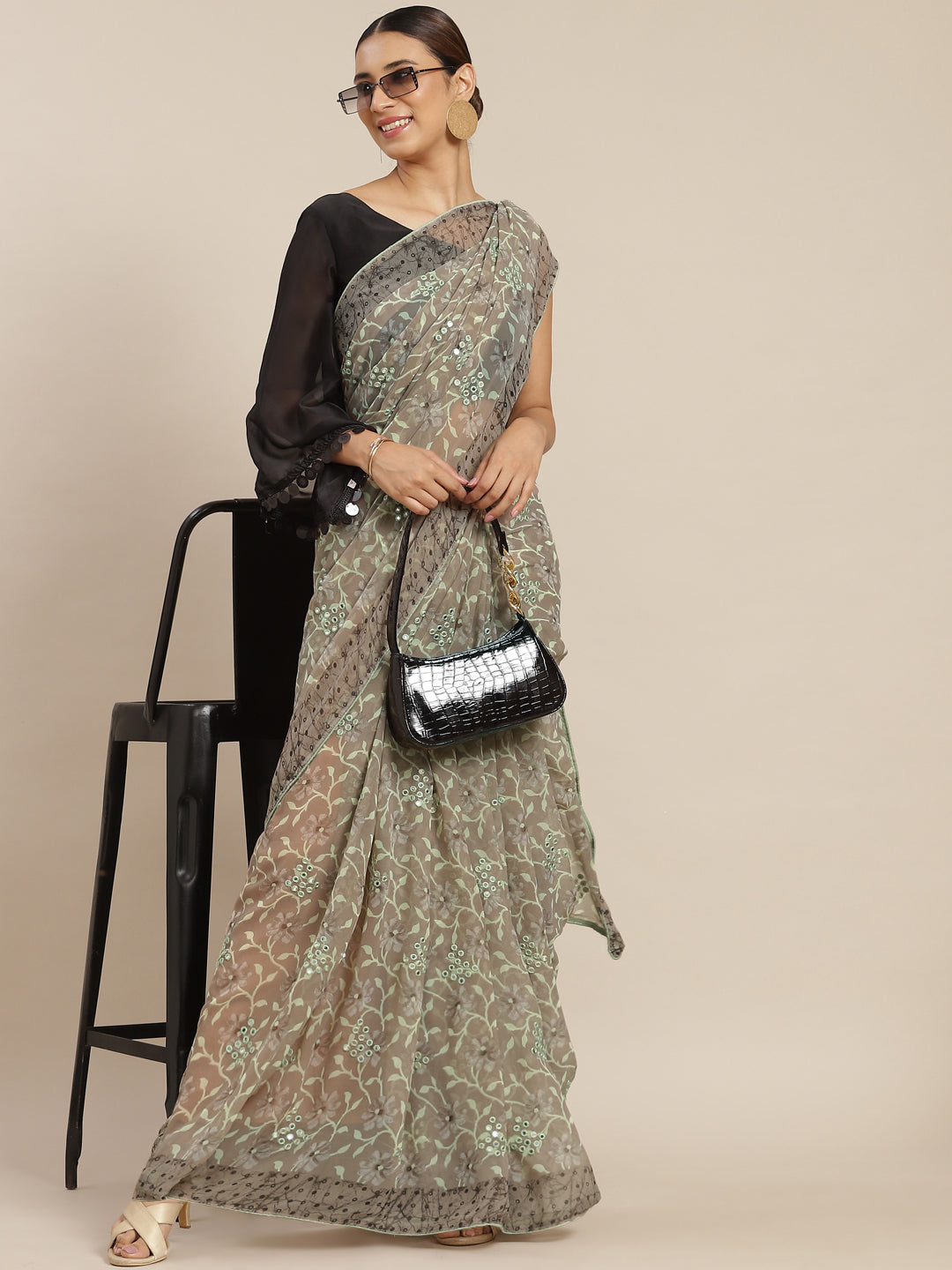 Olive Green Poly Georgette Printed Saree With Blouse