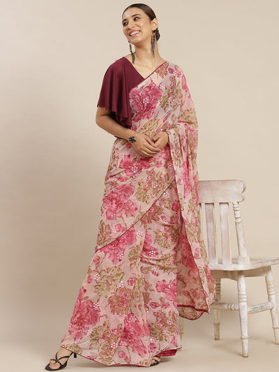 Pink Poly Georgette Printed Saree With Blouse