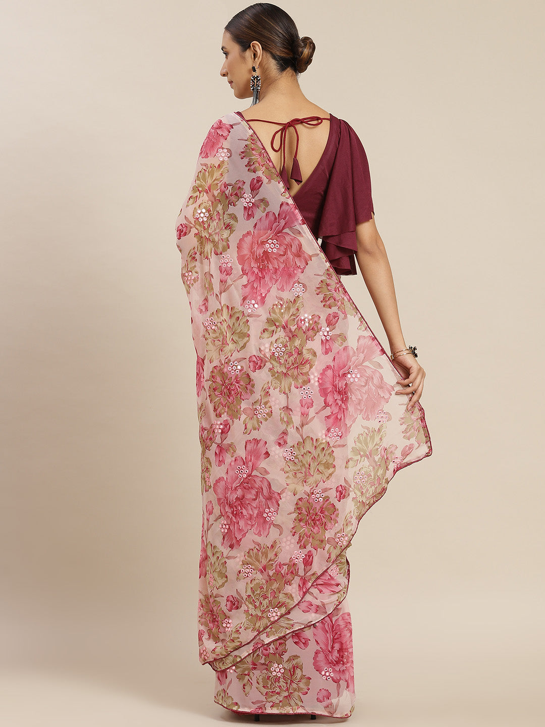 Pink Poly Georgette Printed Saree With Blouse