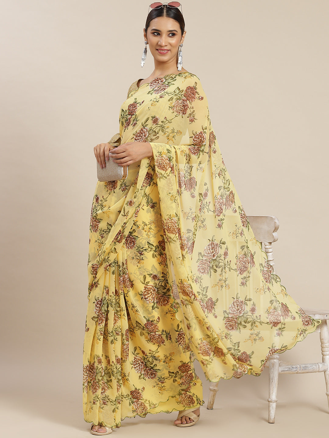 Yellow Poly Georgette Printed Saree With Blouse