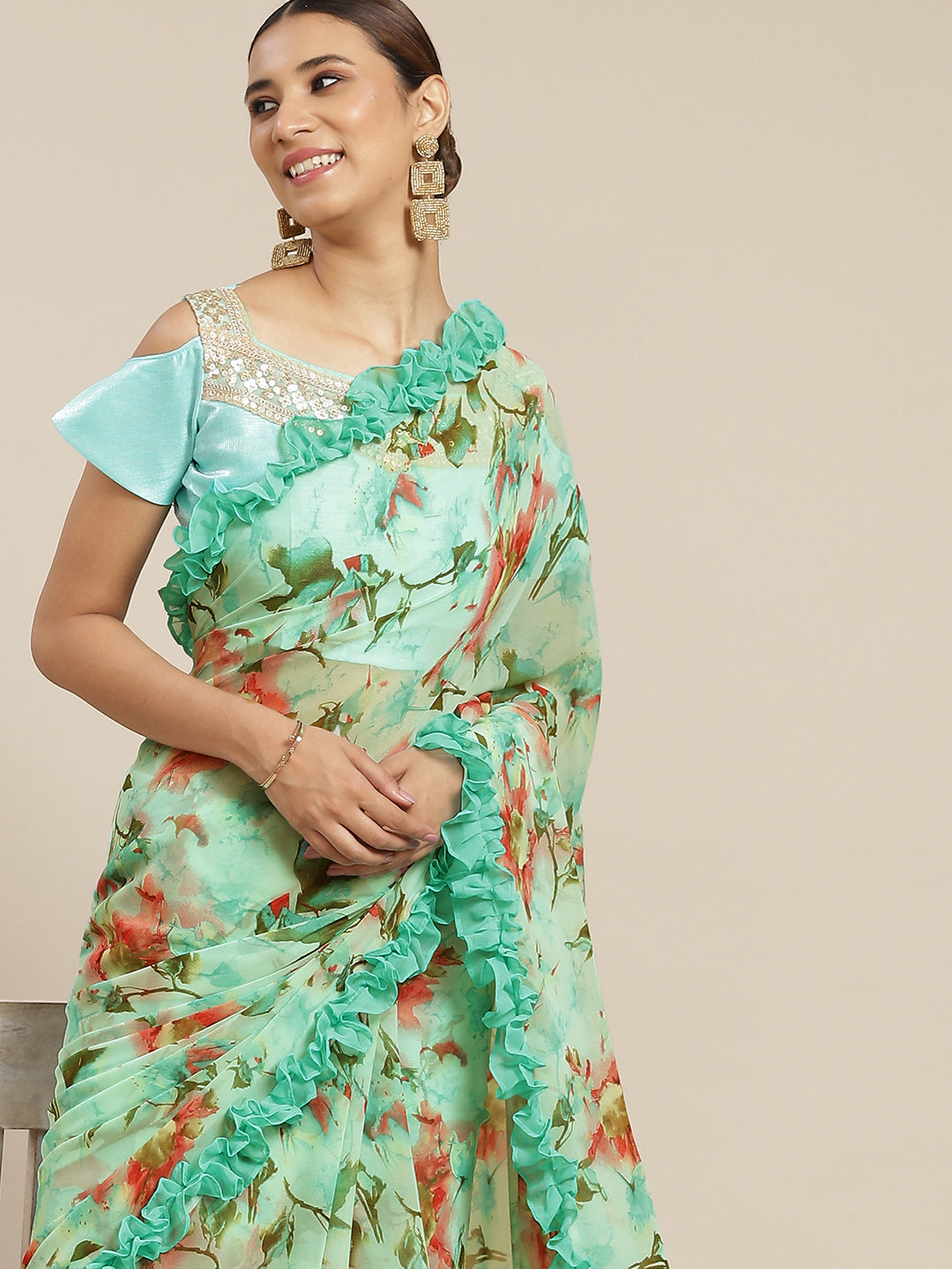Sea Green Poly Georgette Printed Saree With Blouse