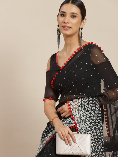 Black Poly Georgette Printed Saree With Blouse