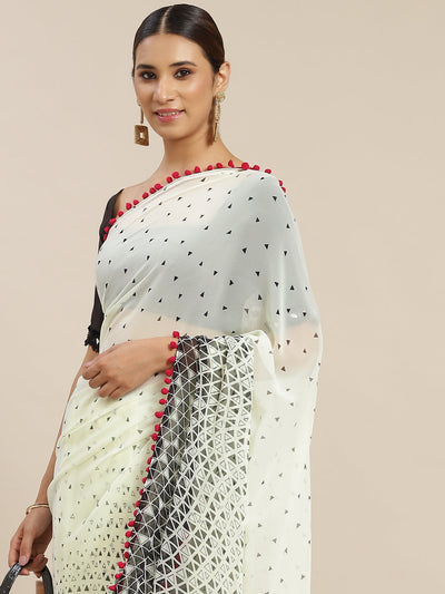 Off White Poly Georgette Printed Saree With Blouse