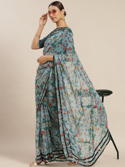 Grey Poly Georgette Printed Saree With Blouse