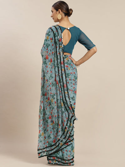 Grey Poly Georgette Printed Saree With Blouse