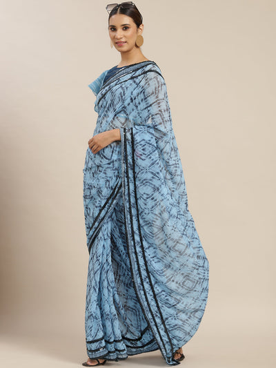 Sky Blue Poly Georgette Printed Saree With Blouse