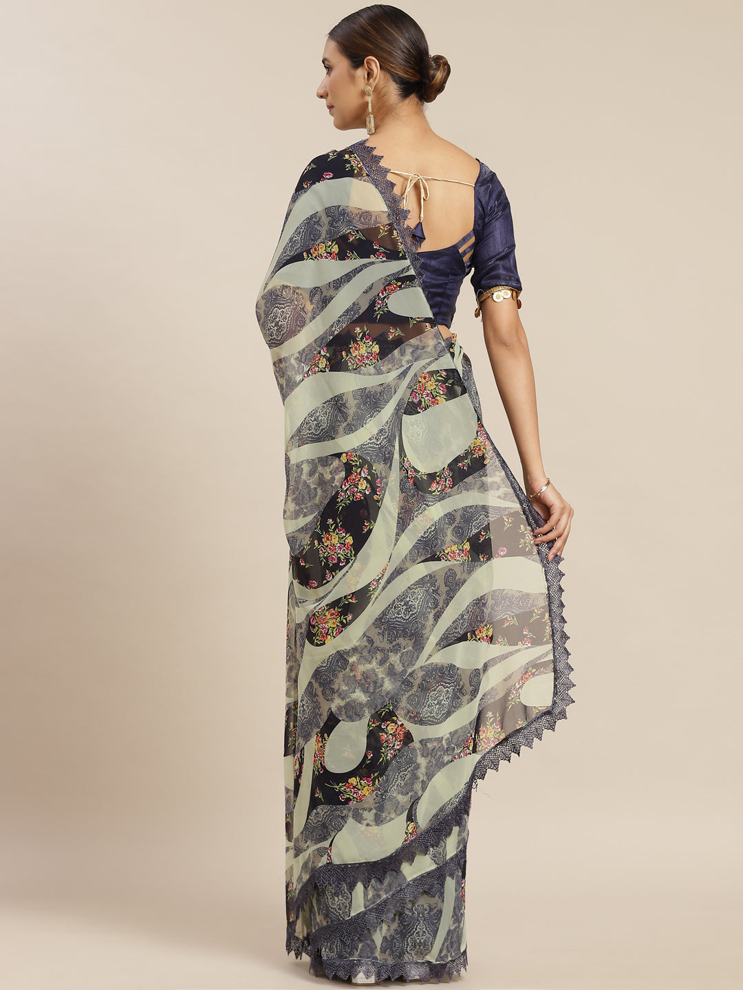 Navy Blue Poly Georgette Printed Saree With Blouse
