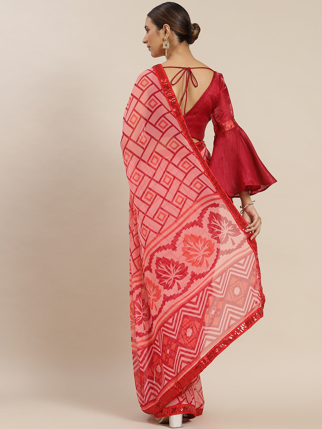 Red Poly Georgette Printed Saree With Blouse