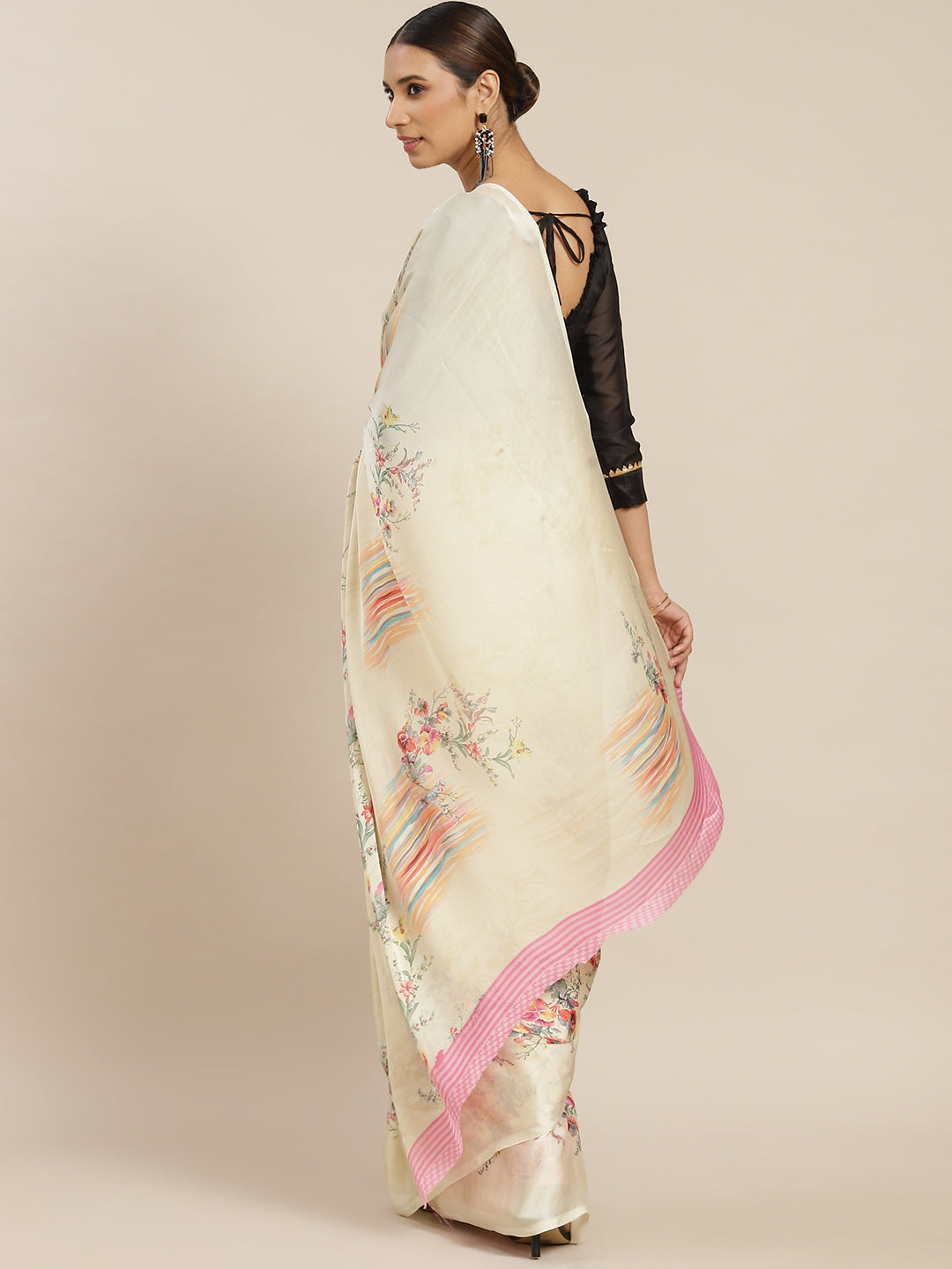 Off White Satin Printed Saree With Blouse