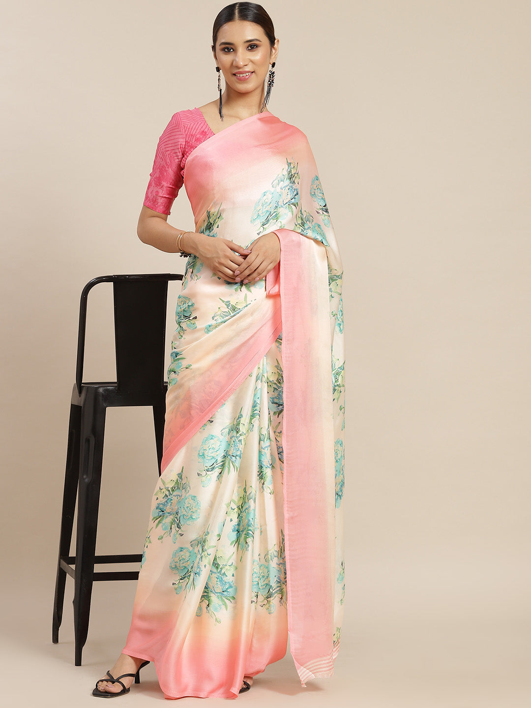 Pink Satin Printed Saree With Blouse