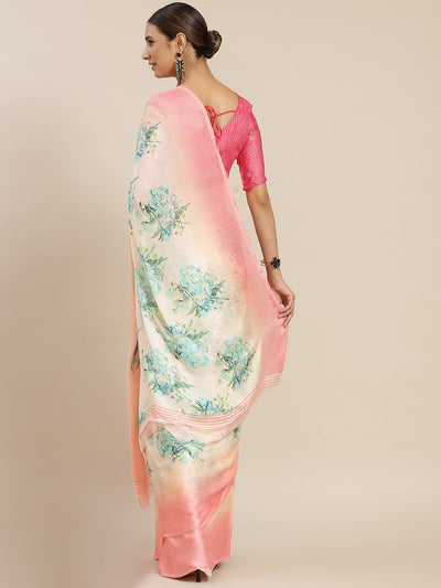 Pink Satin Printed Saree With Blouse