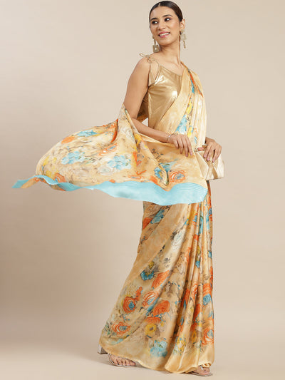 Golden Satin Printed Saree With Blouse