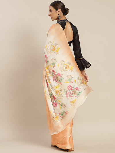Peach Satin Printed Saree With Blouse