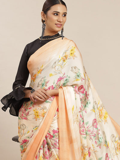 Peach Satin Printed Saree With Blouse