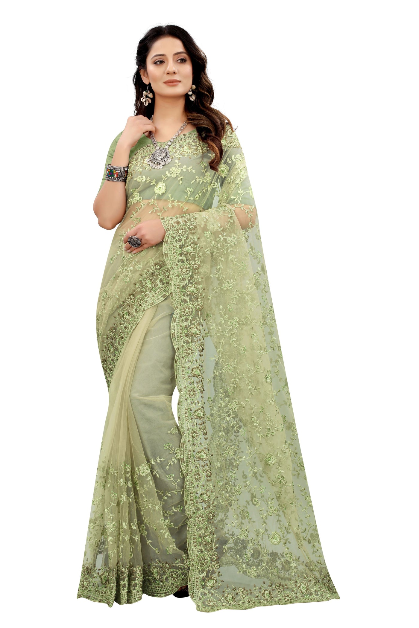 Pista Green Net Embroidered Saree With Blouse