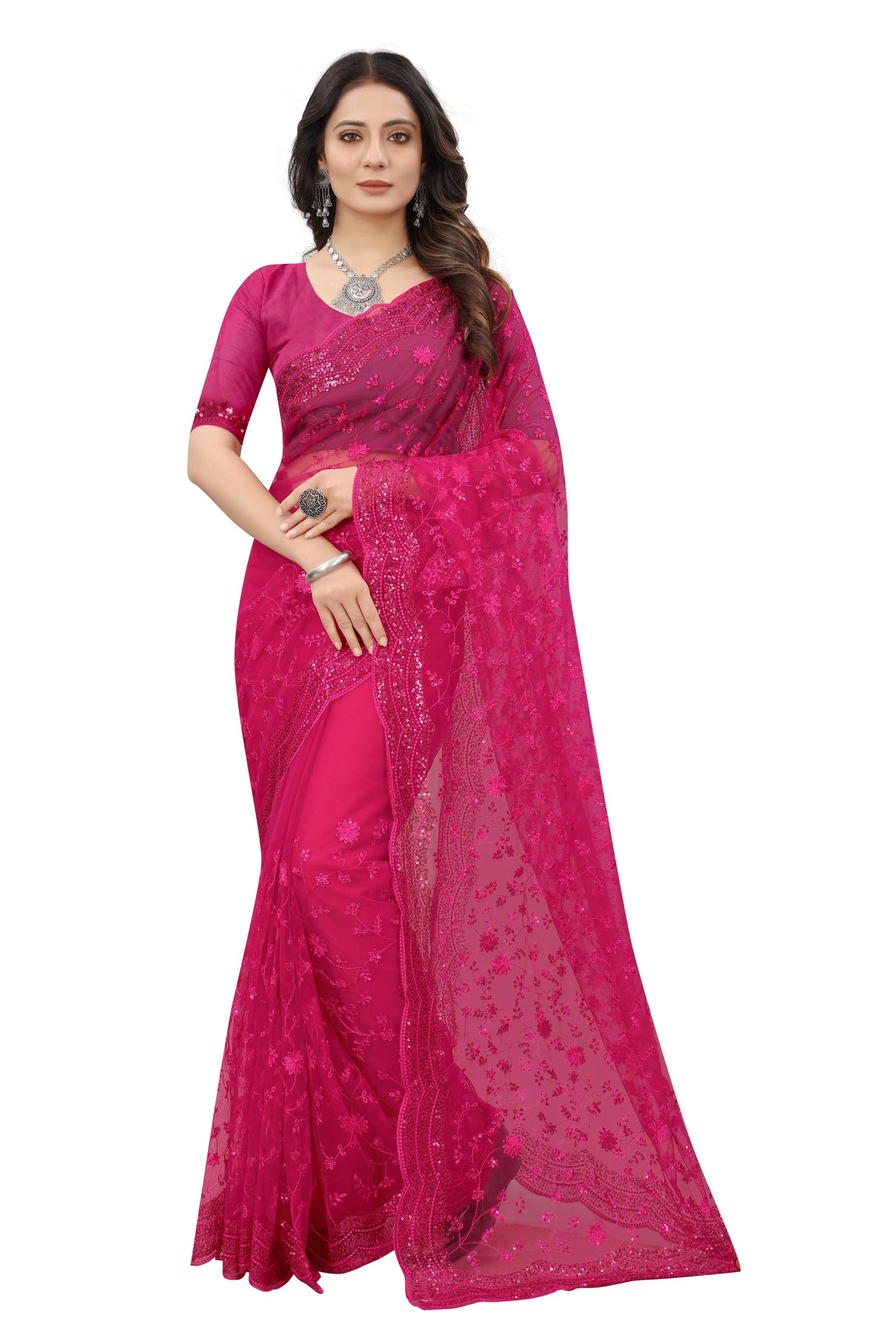 Magenta Net Embroidered Saree With Blouse
