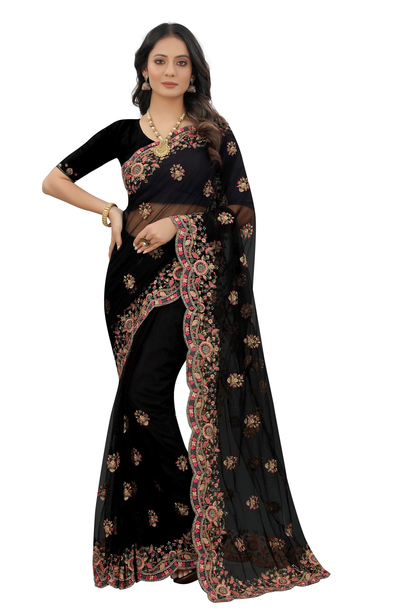 Black Net Embroidered Saree With Blouse
