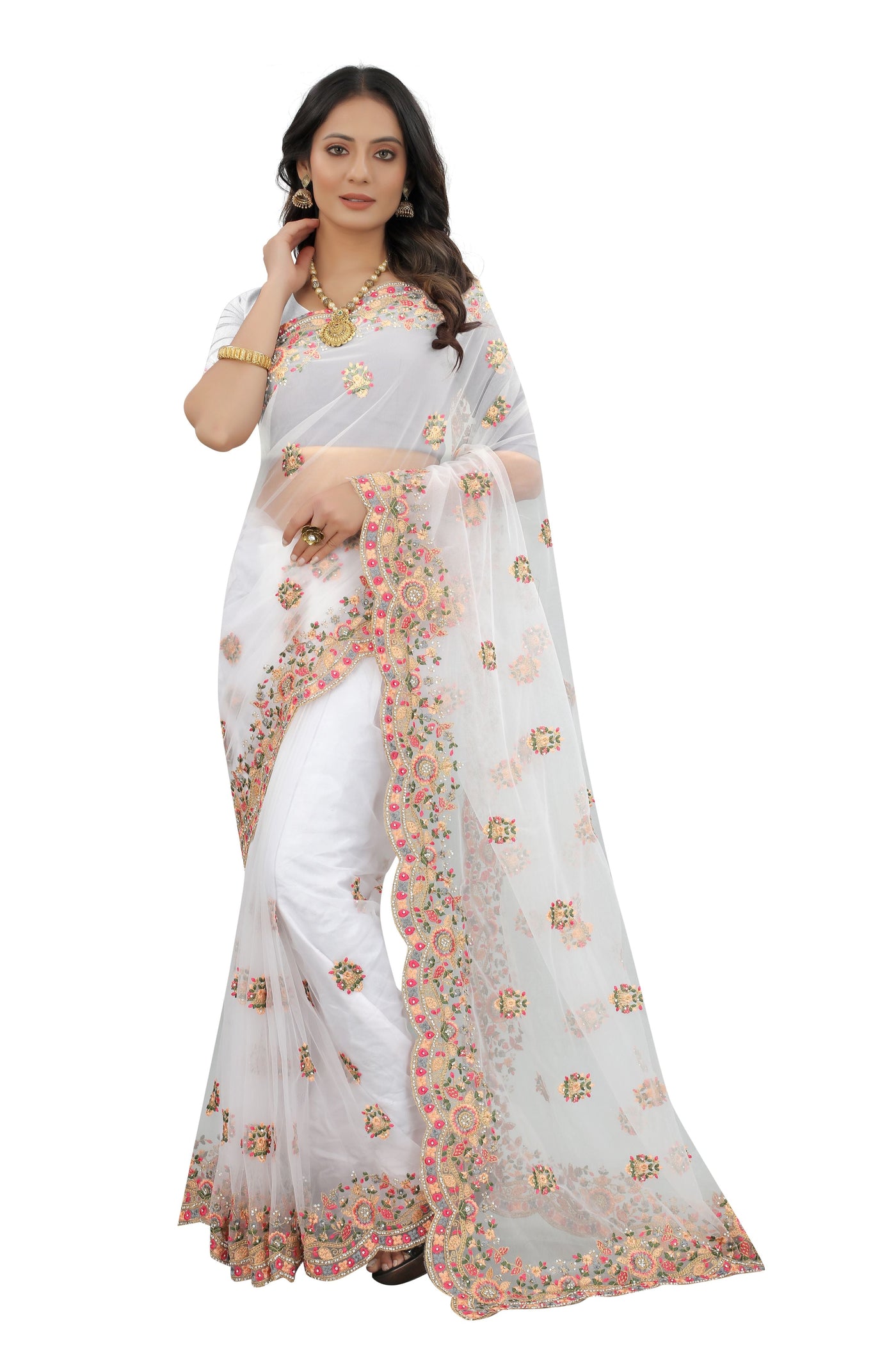White Net Embroidered Saree With Blouse